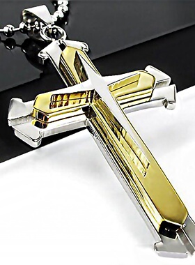 欧美饰品男士项链 三层带钻十字架吊坠 分开叉黑色蓝色零售