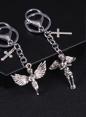 欧美复古朋克风天使之翼双手合十钥匙扣翅膀简约创意金属潮流挂饰