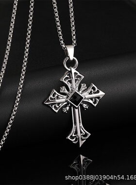 欧美跨境饰品复古巴洛克风十字架吊坠男项链气质菱形水晶毛衣链女
