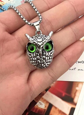 欧美跨境猫头鹰项链复古蓝眼睛猫头鹰吊坠项链不锈钢恶魔之眼项链