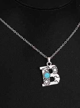 波本米亚风26个英文字母项链合金吊坠西部风仙人掌绿松石锁骨链女