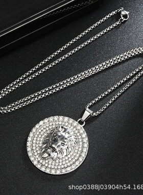 速卖通热销爆款立体镶钻圆盘狮子头项链潮男不锈钢毛衣链吊坠饰品