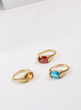 日系TopWhit锆石红碧玺戒指女18K金镶嵌宝石女戒 钛钢电镀18k