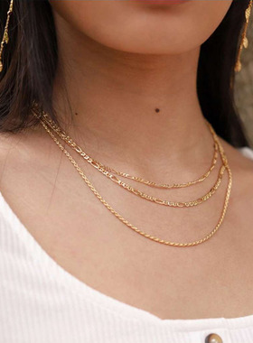 日系topwhit欧美时髦双层叠戴项链女潮钛钢choker锁骨链ins