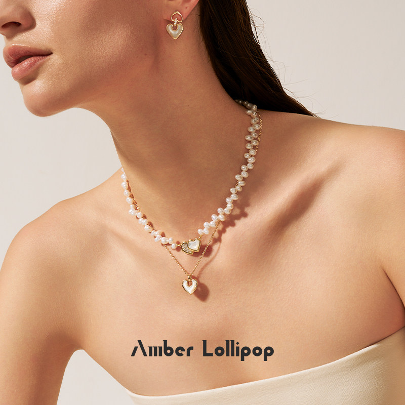 王玉雯同款 AmberLollipop珍珠项链女粉水晶吊坠爱心颈链生日礼物