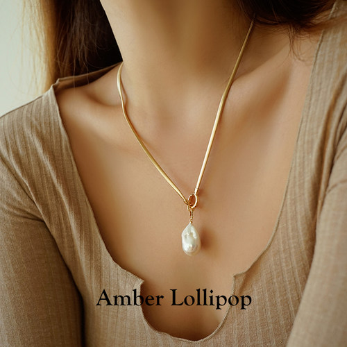Amber Lollipop巴洛克珍珠项链女s925银颈链轻奢小众高级感毛衣链 - 图0
