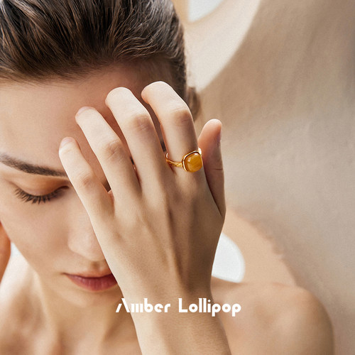 AmberLollipop天然蜜蜡戒指女黄琥珀开口食指戒小众设计镀k金戒指 - 图0