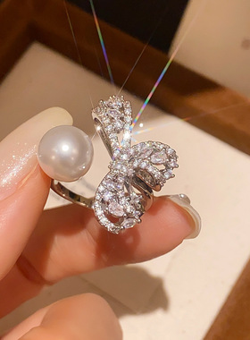 轻奢蝴蝶结珍珠纯银开口女戒