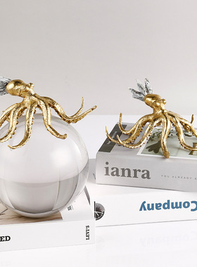 现代简约水晶铜小鸟铜章鱼小动物样板房台面摆件书房电视柜装饰