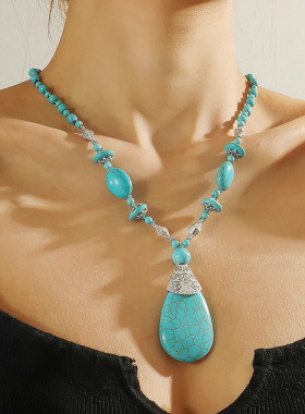 fashion Long Turquoise Necklace Earrings women绿松石吊坠项链