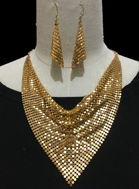 欧美时尚亮珠片三角巾丝巾假领子项链耳环套装毛衣链配饰necklace