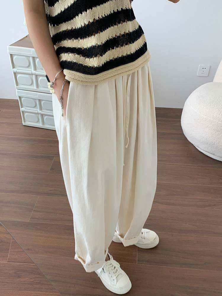 日系棉麻阔腿裤女宽松舒适哈伦萝卜慵懒风高腰奶奶裤白色工装裤秋,淘宝优惠券,粉丝福利购,淘宝优惠卷