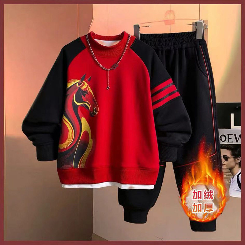 2026情荐潮流男童红色加绒套装拜年服加厚秋冬款卫衣中大儿童本命,淘宝优惠券,粉丝福利购,淘宝优惠卷