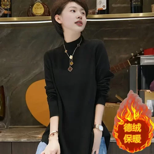 樱欣服饰原创秋冬季宽松气质显瘦半高领卫衣百搭显瘦大码中长款女 - 图3