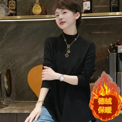 樱欣服饰原创秋冬季宽松气质显瘦半高领卫衣百搭显瘦大码中长款女 - 图2