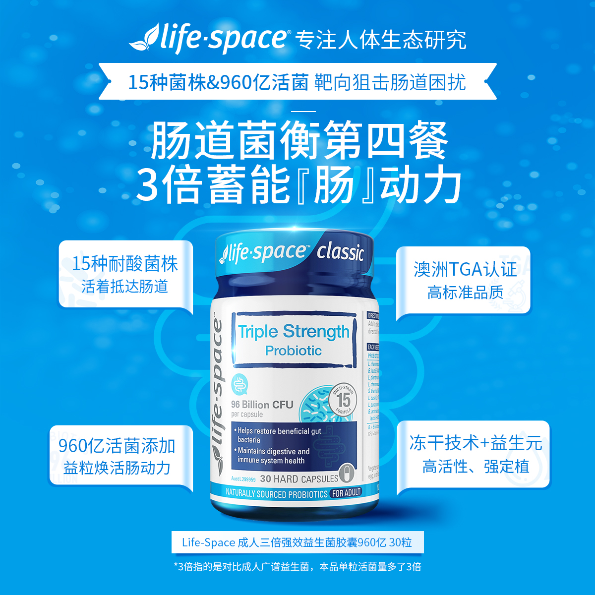 澳洲进口lifespace益生菌成人960亿养胃粉3倍活菌30粒胶囊两件装 - 图0