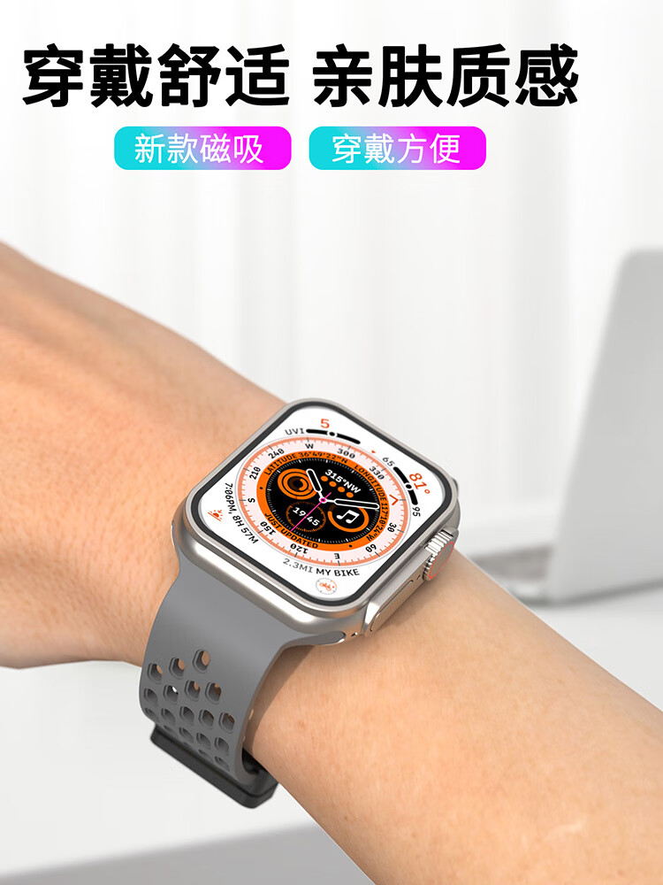 适用apple watchS9ultra洞洞透气硅胶表带iWatch8se34567磁吸腕带-图1