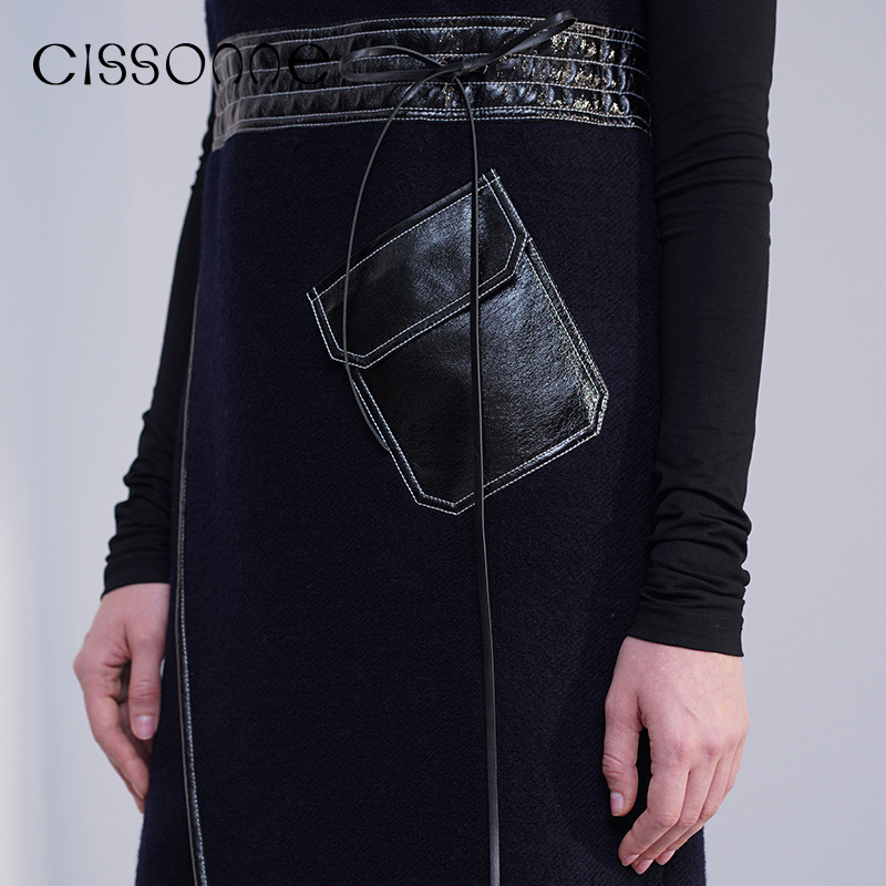 CISSONNE赛颂女装羊毛纯色高领系带中长连衣裙 - 图1