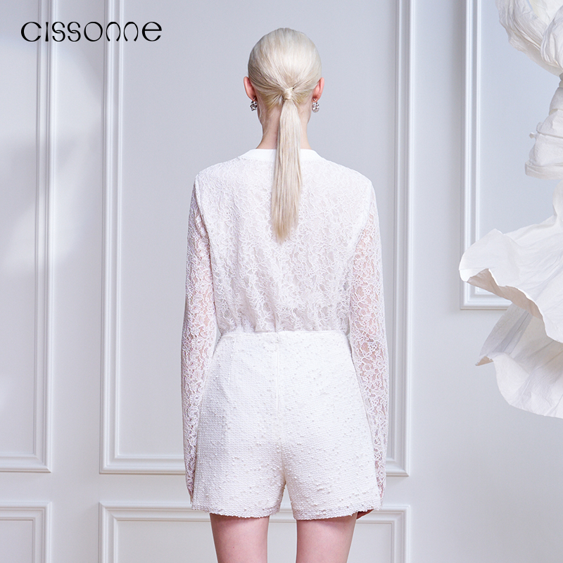 CISSONNE赛颂款立体蕾丝面料法式气质甜美精致柔顺套头上衣 - 图1