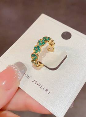 高档品牌法式复古时尚简约绿色四叶花圆形开口戒个性轻奢小众设计