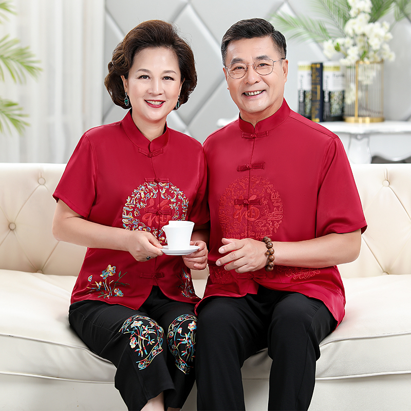 中老年人唐装父母情侣夏装短袖男 唐老头唐装
