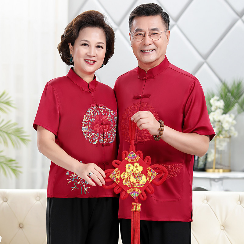 中老年人唐装父母情侣夏装短袖男 唐老头唐装