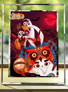 京剧猫群像水晶玻璃相框摆件高清