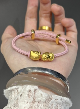 黄金足金999金KT猫手链猫头蝴蝶结转运珠手串礼物情人节礼物女孩
