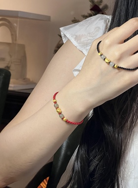 新款纯金黄金足金999福锁福牌手链红绳送女友老婆七夕情人节礼物