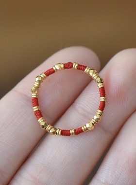 新款黄金古法蹦迪珠戒指足金999指环女送女友老婆七夕情人节礼物