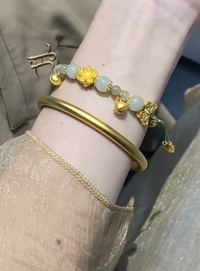 莲花和田玉足金999手串女黄金手链铃铛蝴蝶送女友老婆情人节礼物