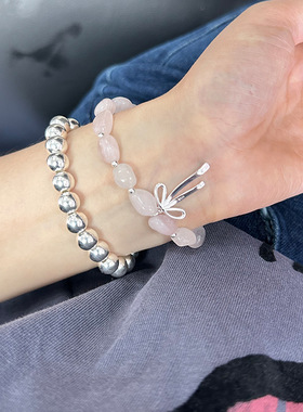 粉白水晶蝴蝶结银手链s925纯银天然玉石手串小众设计清冷感白月光