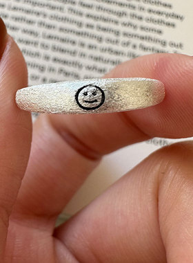 s925通体纯银笑脸戒指女磨砂拉丝小众设计微笑开口可调节百搭指环