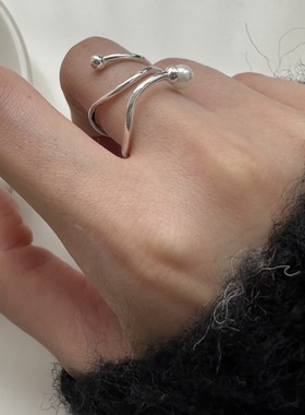 s925纯银不规则线条珍珠戒指女轻奢简约气质甜美开口可调节指环