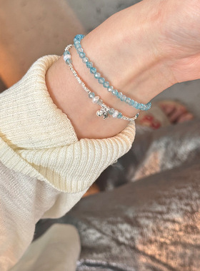 925纯银蓝托帕玉石碎银子珍珠小鱼手链小众设计轻奢波光粼粼手环