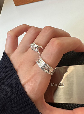 s925纯银双层绳结线条戒指女欧美简约时尚创意设计不规则开口指环