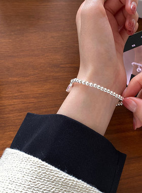 纯银爱心笑脸手链女弹力绳韩系粉色微笑925银珠手串小众轻奢设计