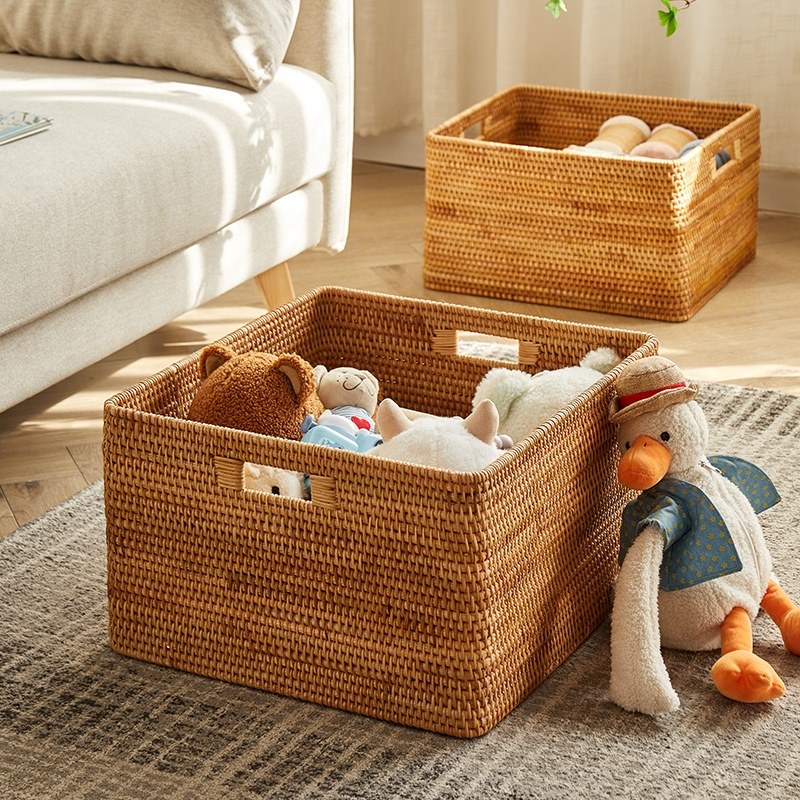 越南秋藤家用藤编收纳筐杂物玩具带盖整理箱竹编蓝抽屉式脏衣篮篓,淘宝优惠券,粉丝福利购,淘宝优惠卷