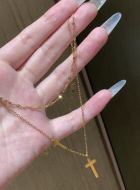 欧美风简约百搭双层金色十字架项链小众设计感高级感锁骨链颈链