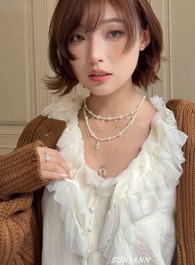 甜酷小众多层镶钻马蹄扣珍珠项链女轻奢高级感锁骨链复古个性颈链