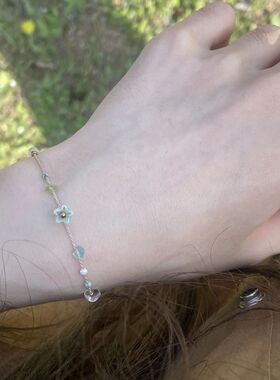 清新浅蓝琉璃小花编织手绳森系珍珠手链小众温柔少女百搭细手饰