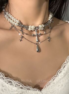 多层珍珠十字架choker项链女小众设计感星星颈链哥特风锁骨链配饰