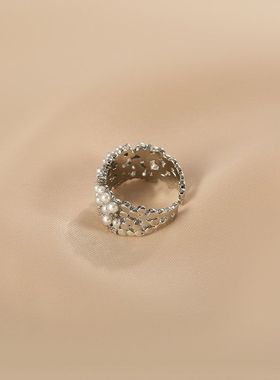 花迹珍珠戒指女小众设计高级感复古食指戒时尚个性开口可调节指环