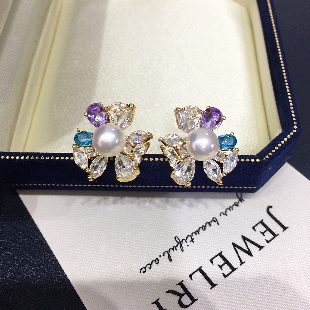 诸暨天然淡水珍珠耳钉女彩色水晶锆石高级感花朵珍珠耳环 - 图1
