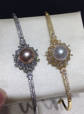 9-11mm豪华镶锆璀璨珍珠手镯天然淡水圆形巴洛克珍珠手链手饰