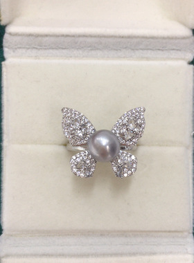 5A级高亮天然淡水珍珠戒指18K包金微镶锆石仙女蝴蝶戒指开口可调