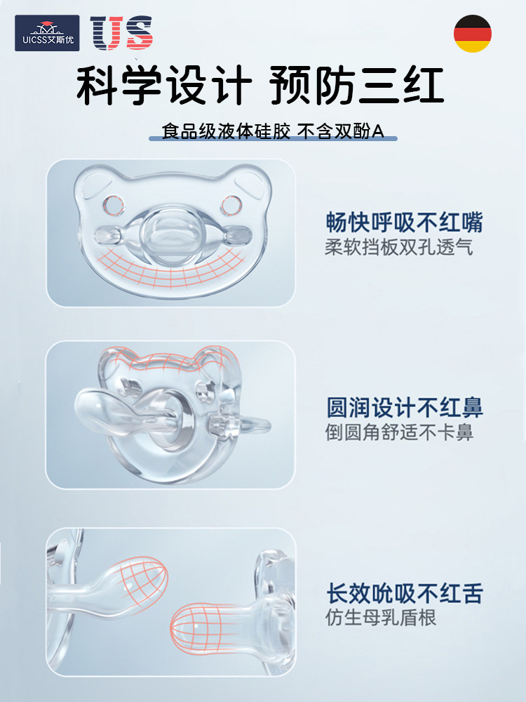 德国安抚奶嘴超柔软硅胶新生婴儿0-3到6个月以上宝宝防胀气仿母乳