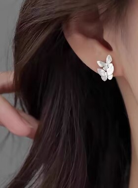 S999纯银针双蝴蝶螺丝拧耳钉女小众设计轻奢气质高级感养耳洞百搭