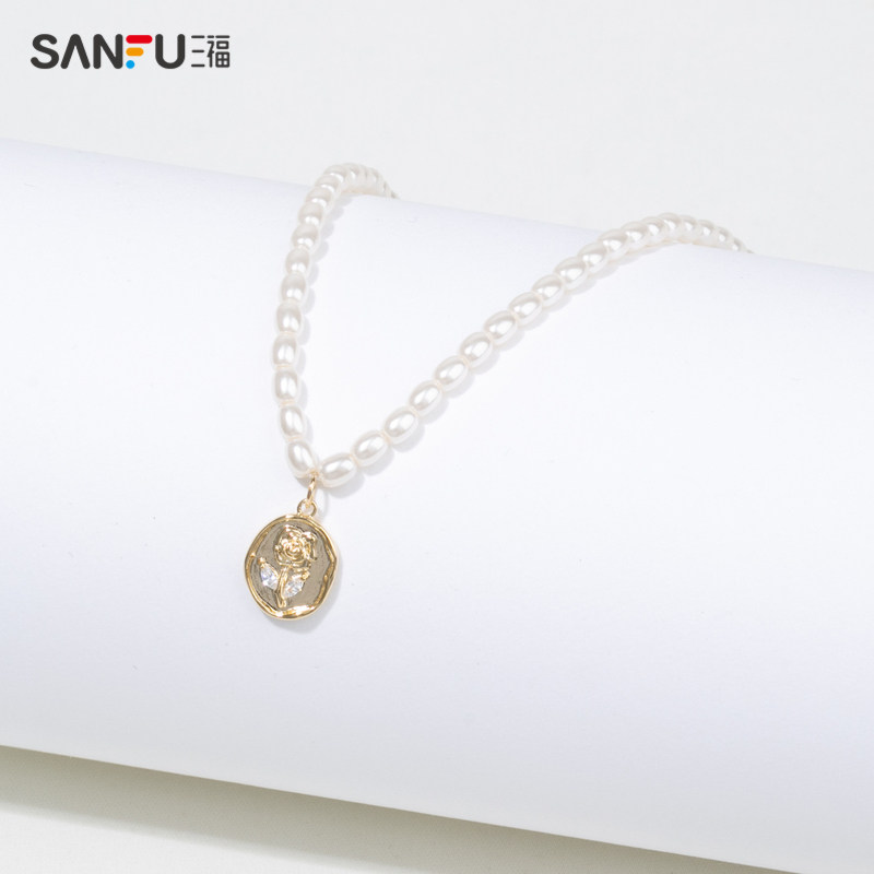 三福复古珍珠玫瑰单条气质短项链 sanfu服饰项链