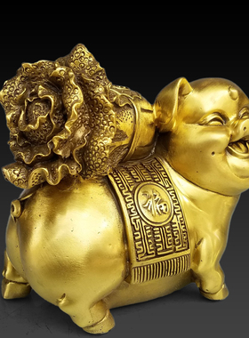 纯黄铜金猪摆件十二生肖亥猪摆件白菜猪装饰品摆件福猪办公室摆件